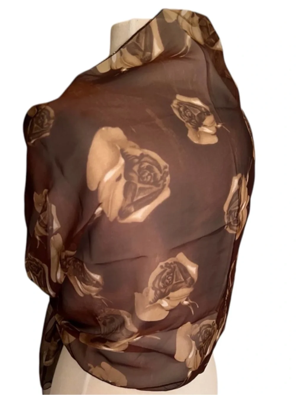 Vintage Sheer Brown Rose Scarf Long Floral Oblong Made in Korea